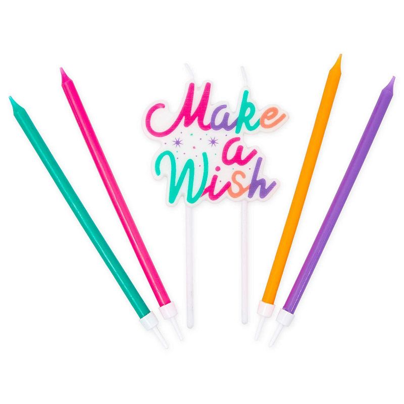 Blue Panda "Make A Wish" Cake Topper and 24-Count 4 Color Long Thin Birthday Cake Candles 5.5" Set Party Decor