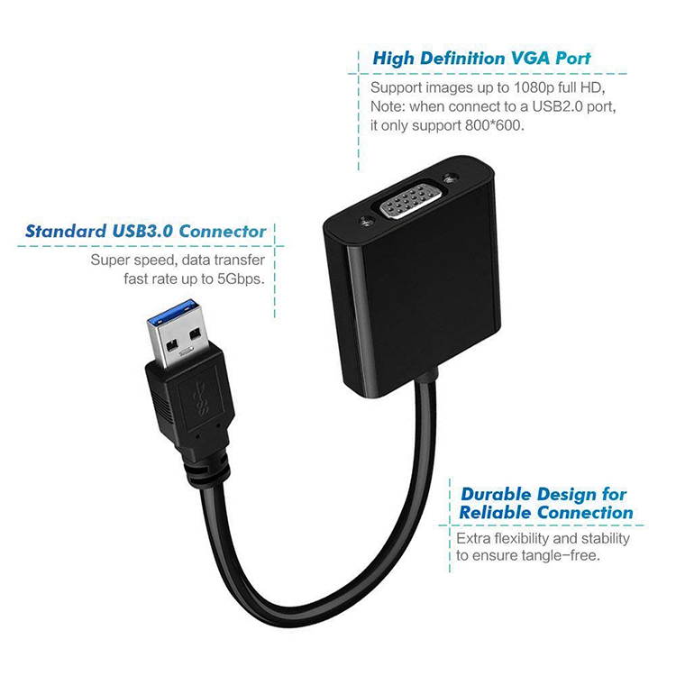 USB 3.0 to VGA Adapter External Video Card Multi Display Converter for Win 7/8/10 Desktop Laptop PC Monitor Projector