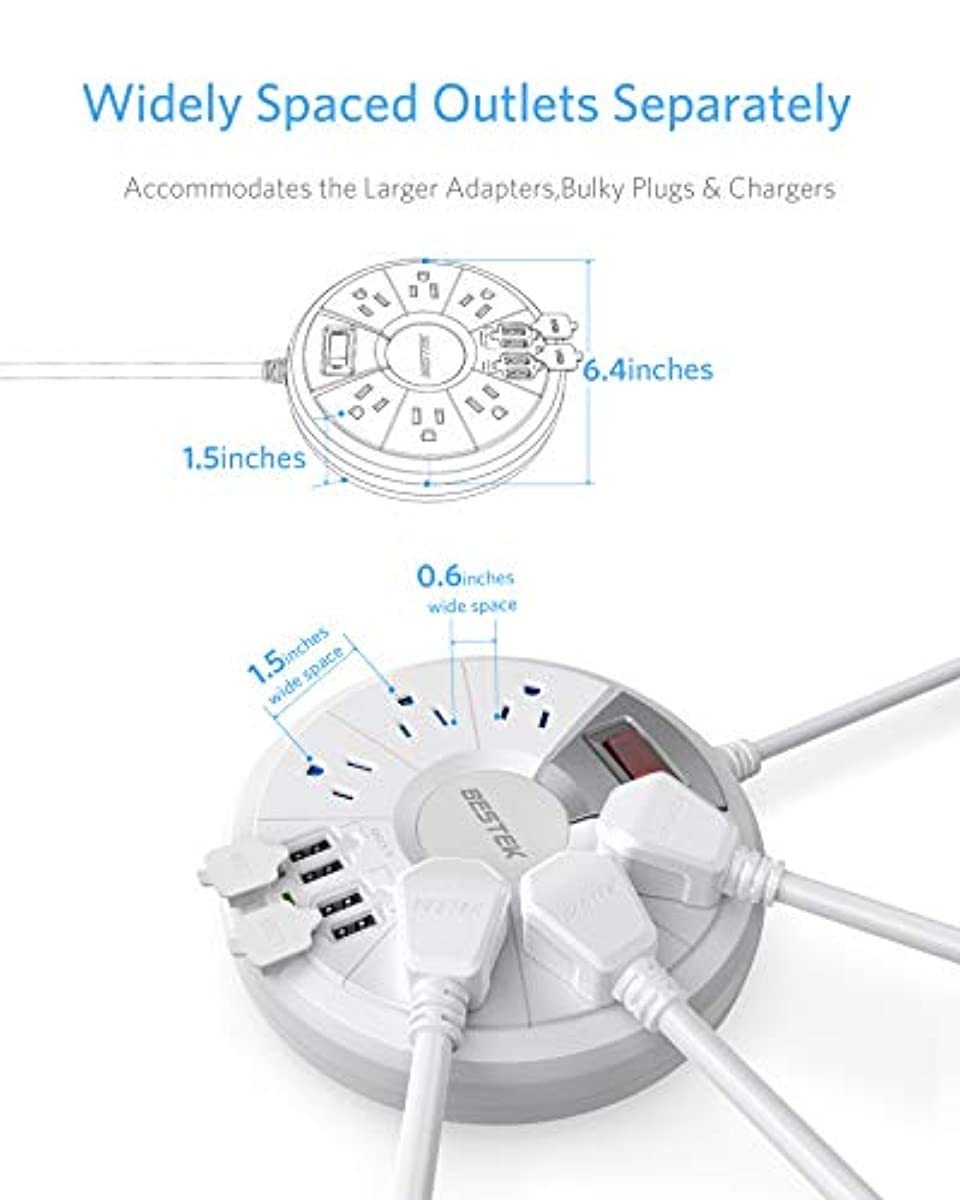 BESTEK Quick Charge 3.0 Power Strip with USB, Round 6-Outlet 4 USB Ports Desktop Charging Station, 6 Ft Long Extension Power Cords, 220 Joules, Ultra-Compact for Dorm Room, Bedside, Cruise Ship