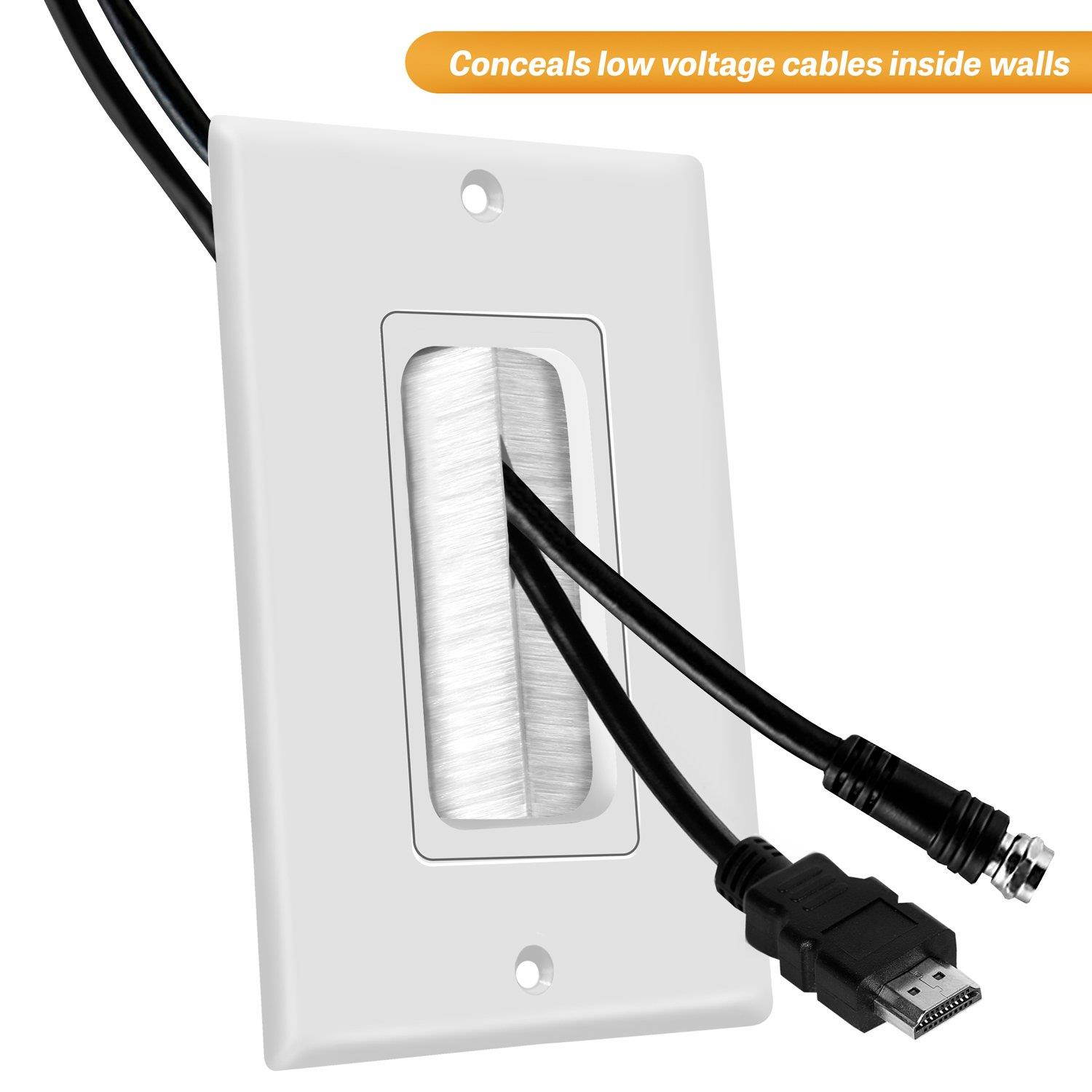 TG8891 1-Gang Brush Wall Plate Multimedia Bristled Pass-Through Insert with Decorator Wall Plate for Media Cables, Standard Size, White (6 Pack)