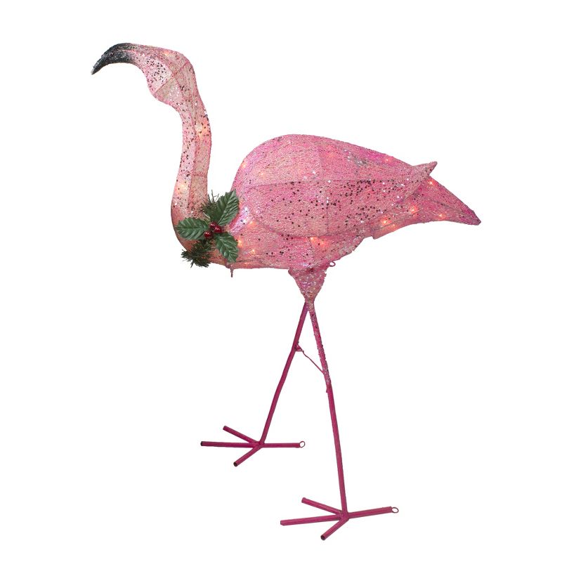 Northlight 3' Pink Glittered Flamingo with Holly and Berry Outdoor Yard Decor