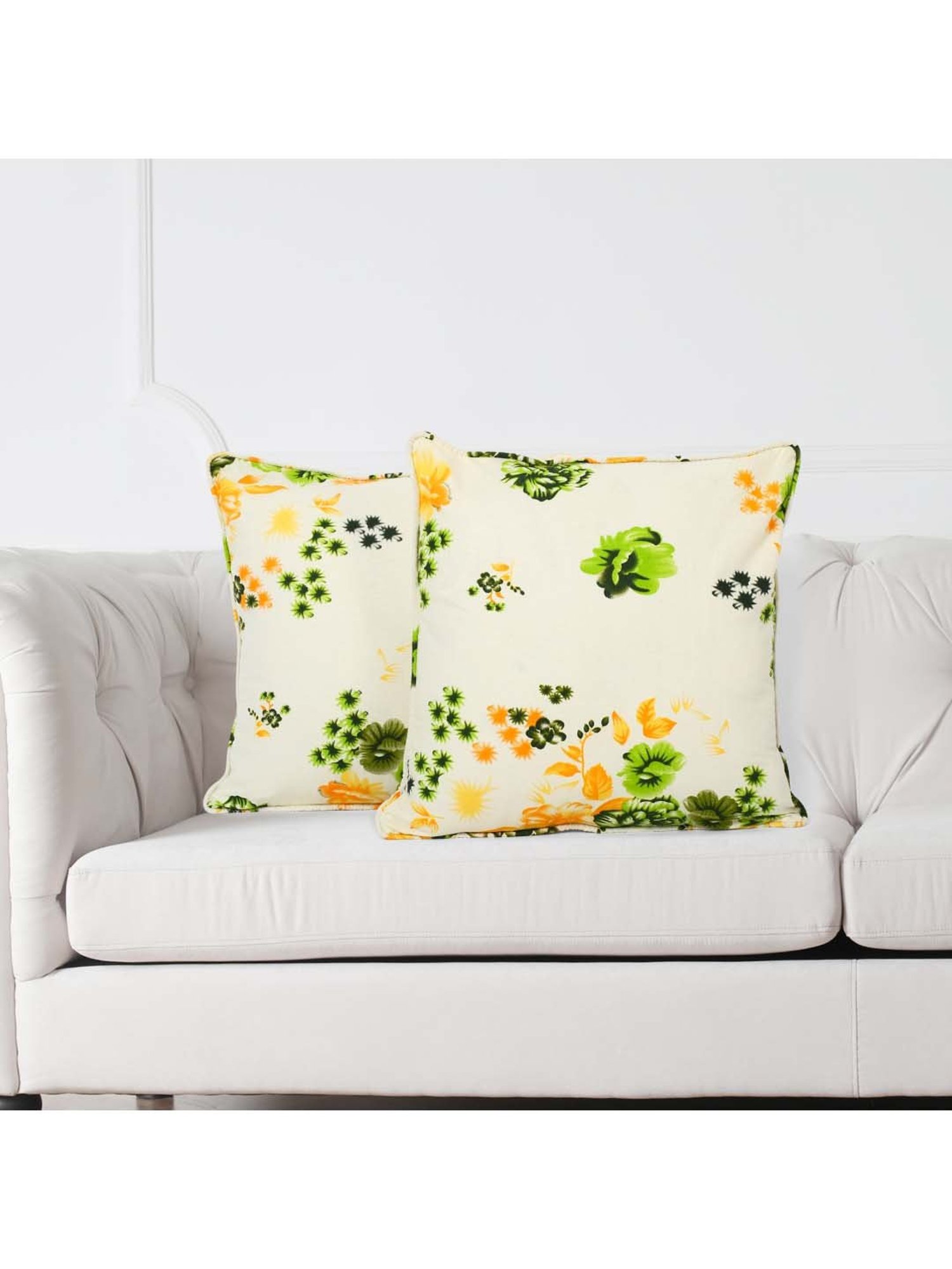 Swayam Beige & Green Cotton 160 TC Cushion Covers - Set of 2