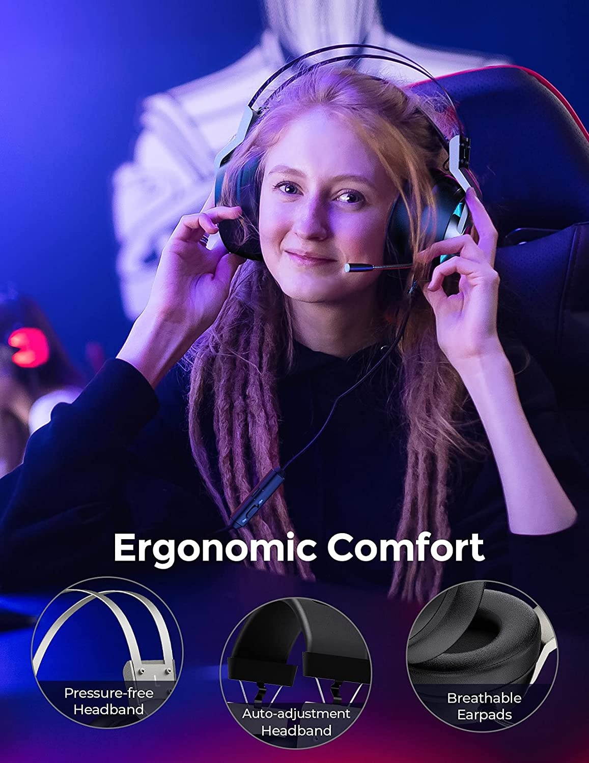 Gaming Headset for PS5 Xbox One PC Switch Mac PS4 Headset with Noise Cancelling Mic, 7.1 Suround Sound, Over Ear Gaming Headphones with 3.5mm Jack, White LED Light