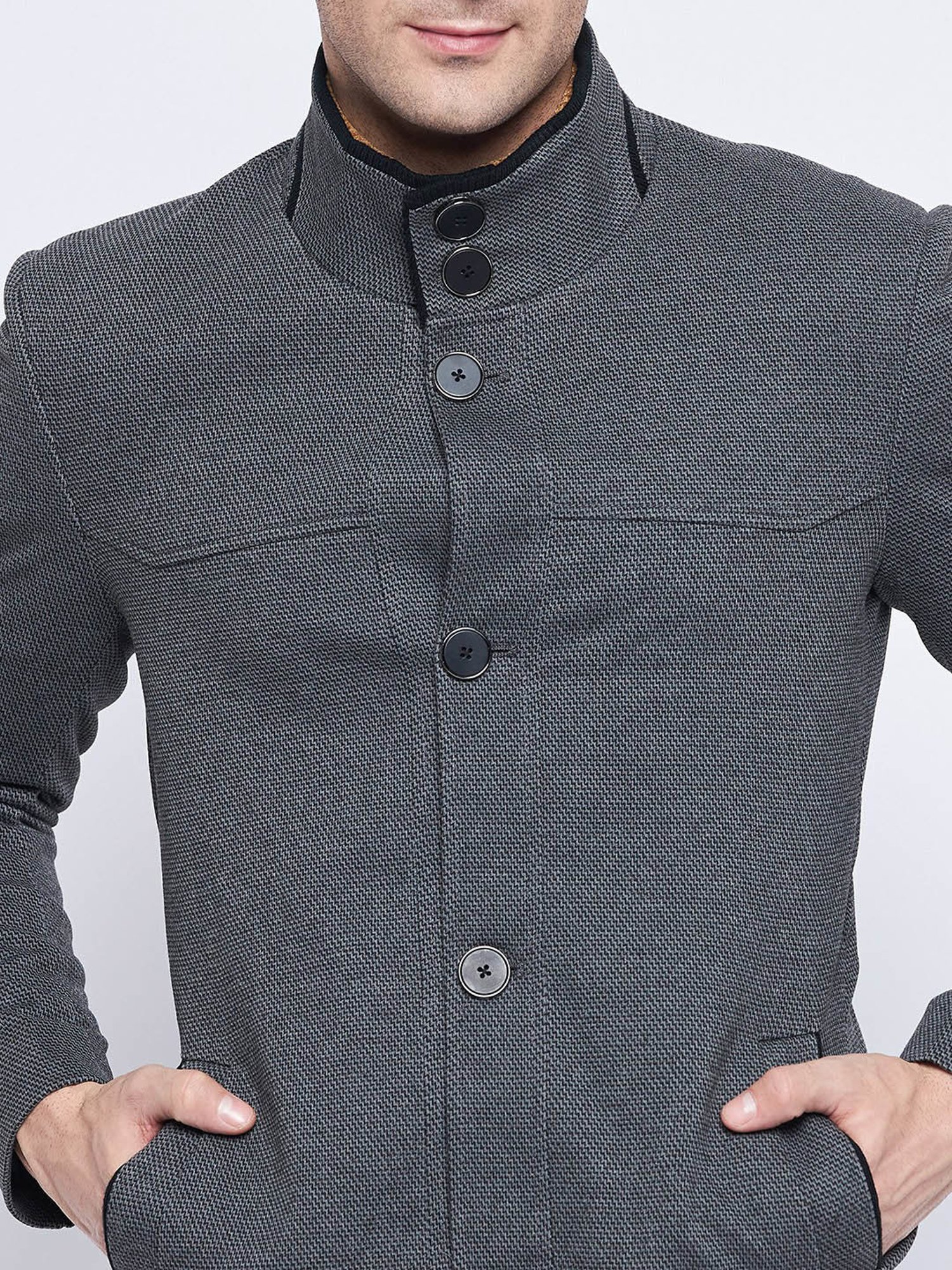 Camla Grey Regular Fit Mock Collar Textured Overcoat