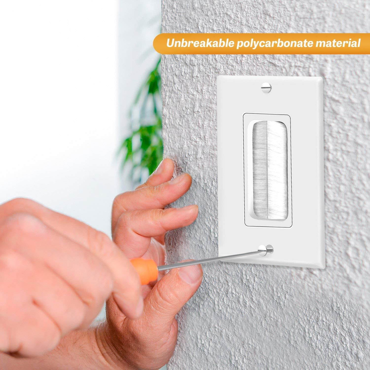 TG8891 1-Gang Brush Wall Plate Multimedia Bristled Pass-Through Insert with Decorator Wall Plate for Media Cables, Standard Size, White (6 Pack)