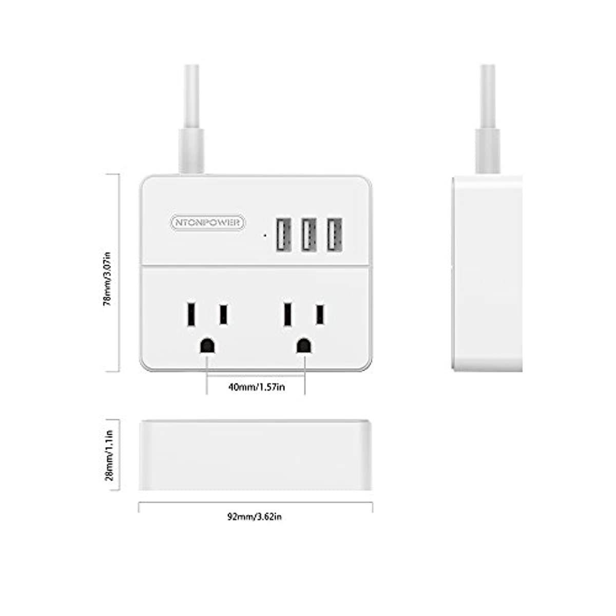 Power Strip with USB 2-Pack, NTONPOWER Travel Power Strip, 2 Outlets and 3 USB Ports Desktop Charging Station, 5ft Extension Cord, Compact for Cruise Ship, Nightstand and Office - White