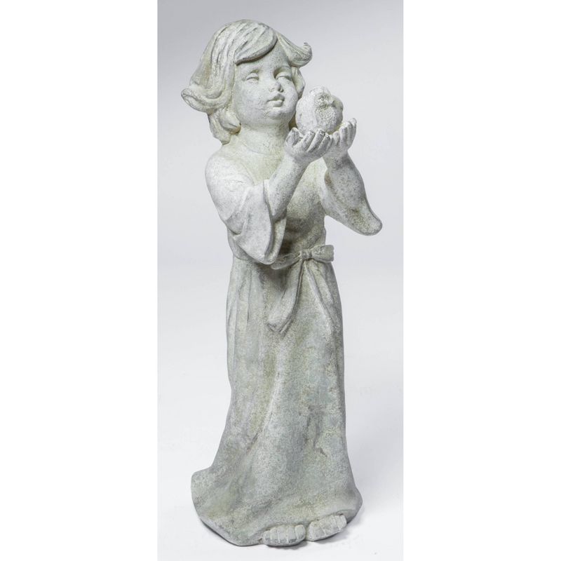 26&#34; Resin Indoor/Outdoor Child Holding Bird Garden Statue Gray - Alfresco Home LLC