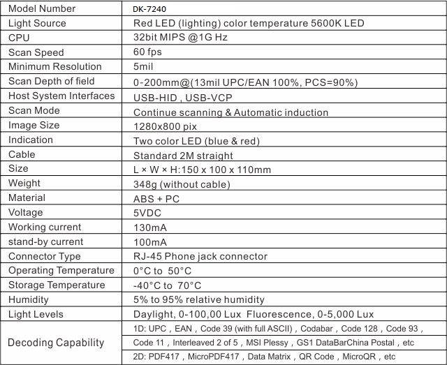 DK-7240 1280*800 PIX 2D Desktop Barcode Scanner/Black,USB