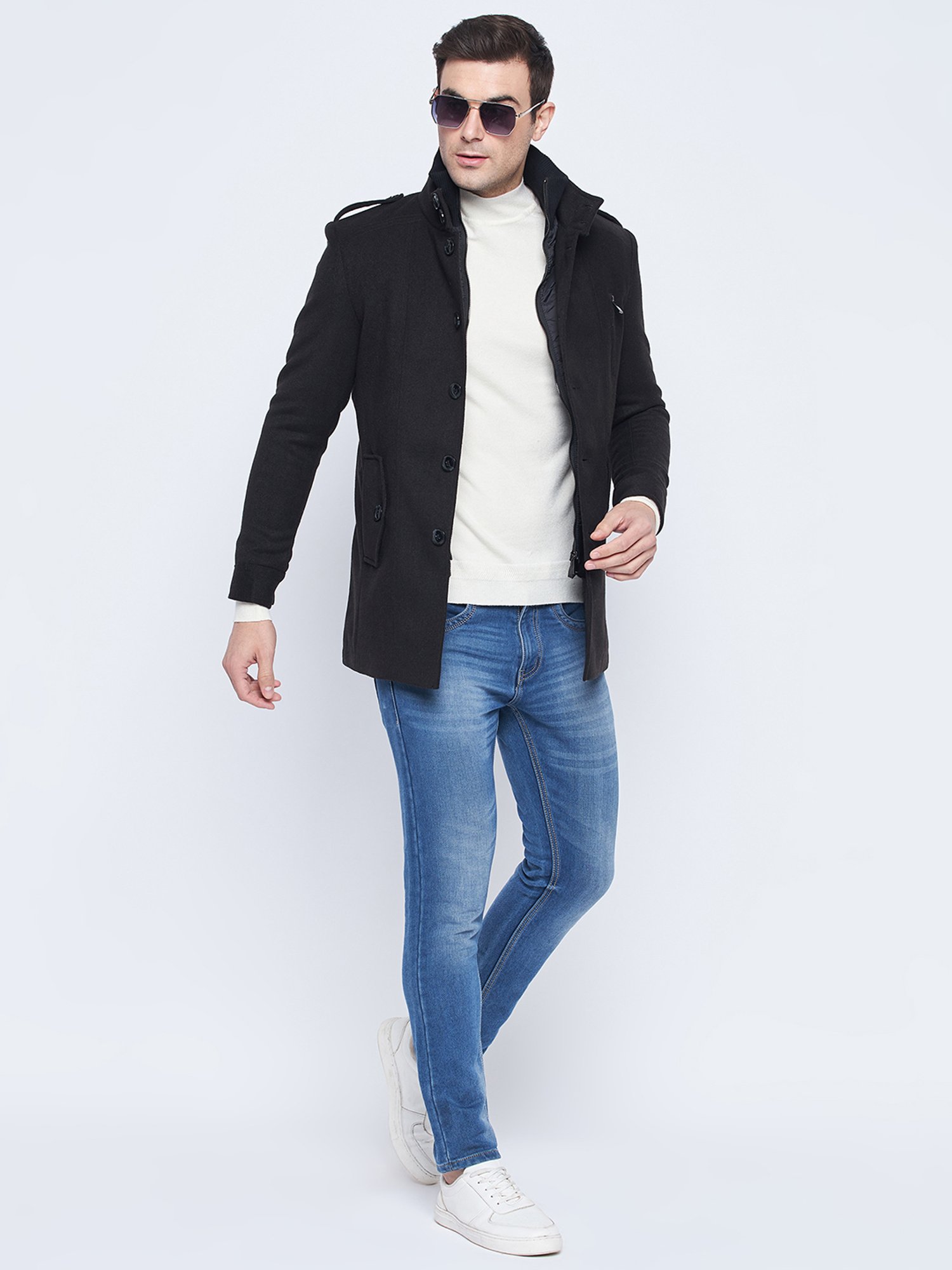 Camla Black Regular Fit Mock Collar Overcoat