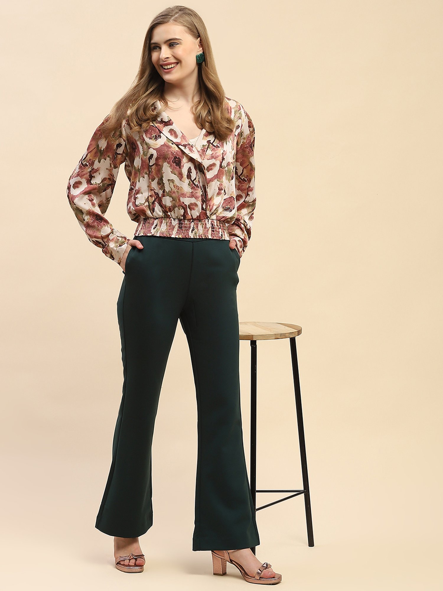 Camla Teal Regular Fit Mid Rise Trousers