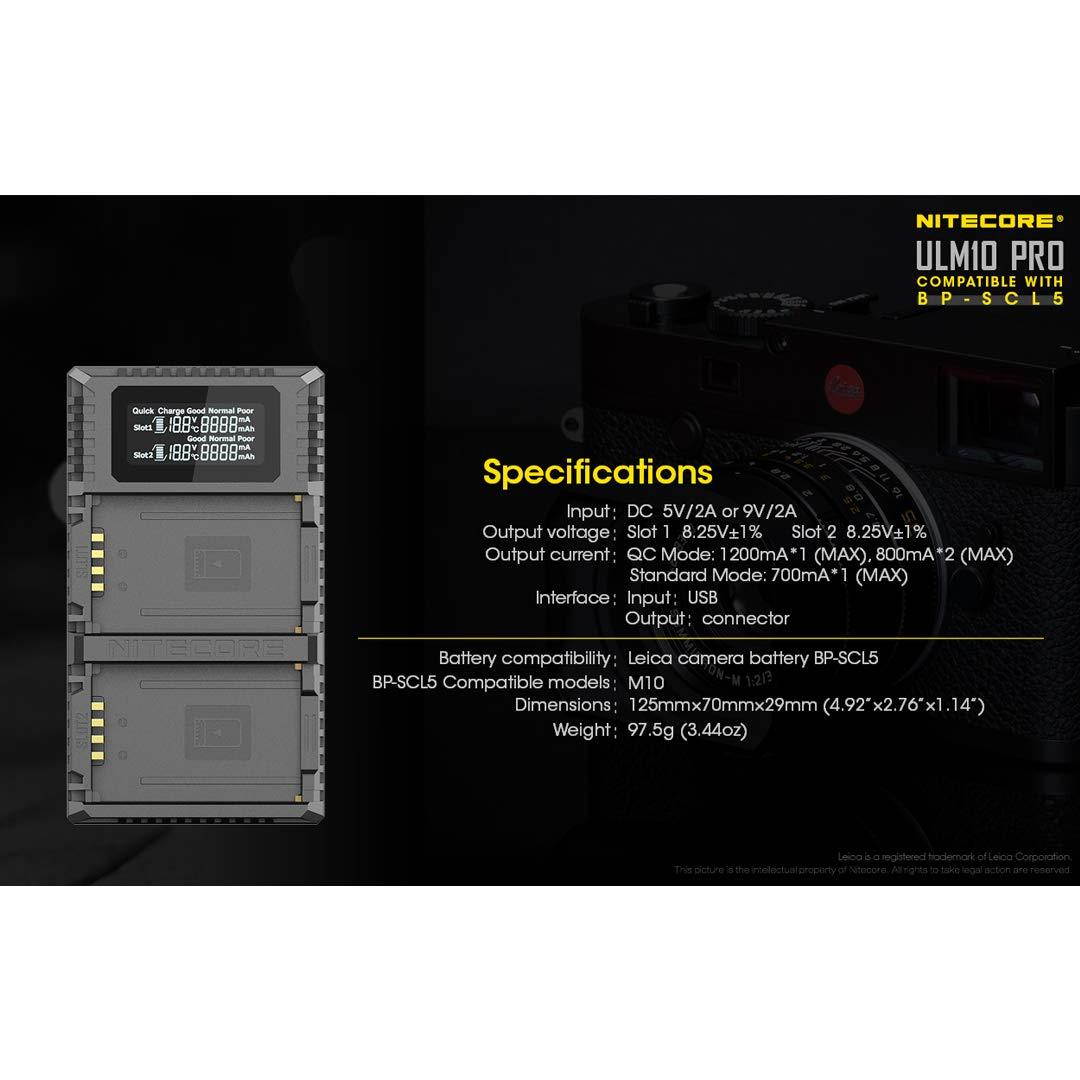 NITECORE ULM10 Pro Digital QuickCharge 2.0 USB Battery Charger Compatible with Leica BP-SCL5 Batteries & LumenTac QC3.0 Charging Adapter