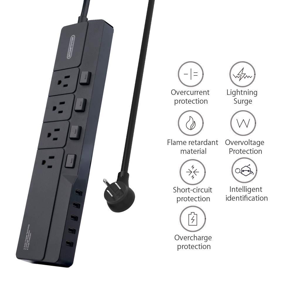Surge Protector Power Strip with USB, NTONPOWER 4 Outlets 5 USB Desktop Charging Station, Individual Switch Controlled, Flat Plug, Circuit Breaker, 5ft Heavey Duty Extension Cord - Black