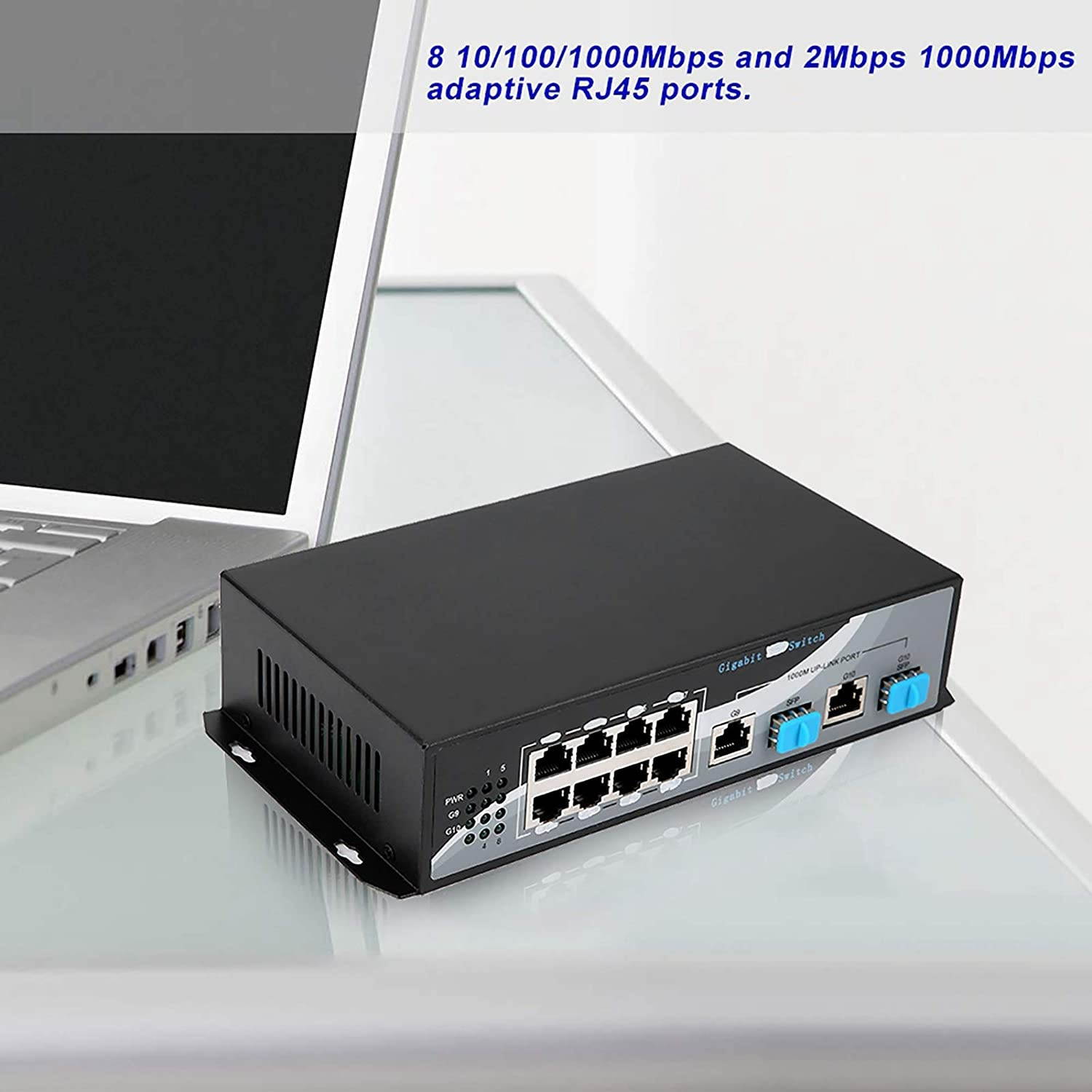 01 8-Port Ethernet Switch, 10/100/1000Mbps Plug and Play Portable 12V 2A Power Supply Switch Optical Converter, for Simple Settings Uplink Port Anti-Thunder