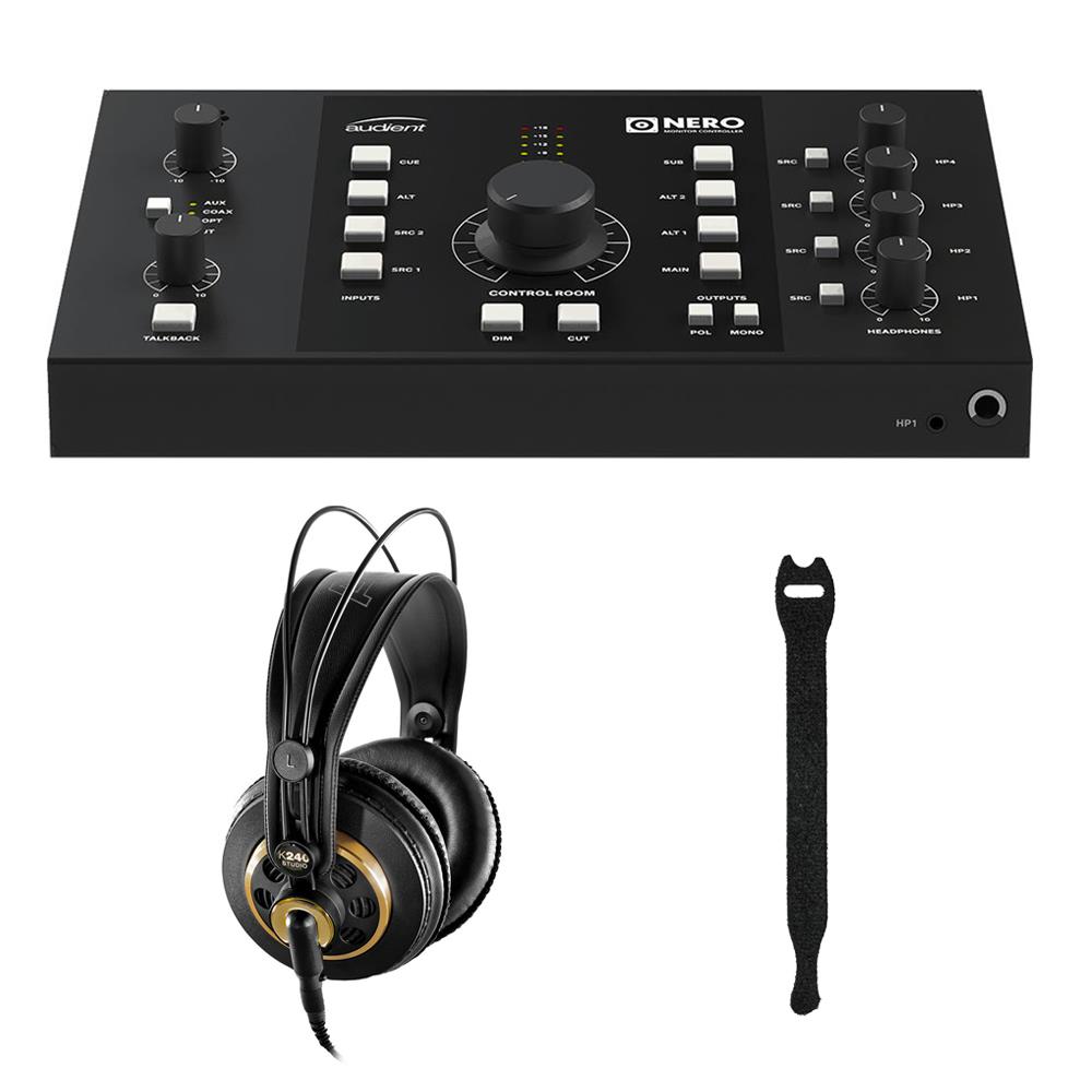 Audient Nero Desktop Monitor Controller with AKG K 240 Studio Pro Headphones & 10-Pack Touch Fastener Straps Bundle