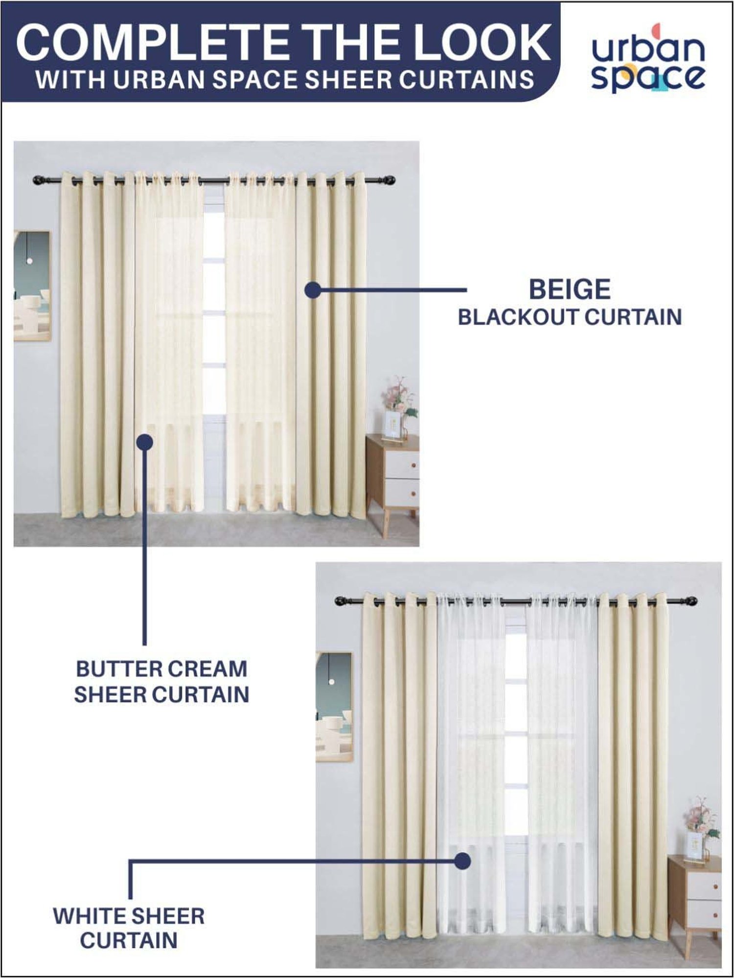 Urban Space Beige Cotton Black Out Window Curtain - Set of 2