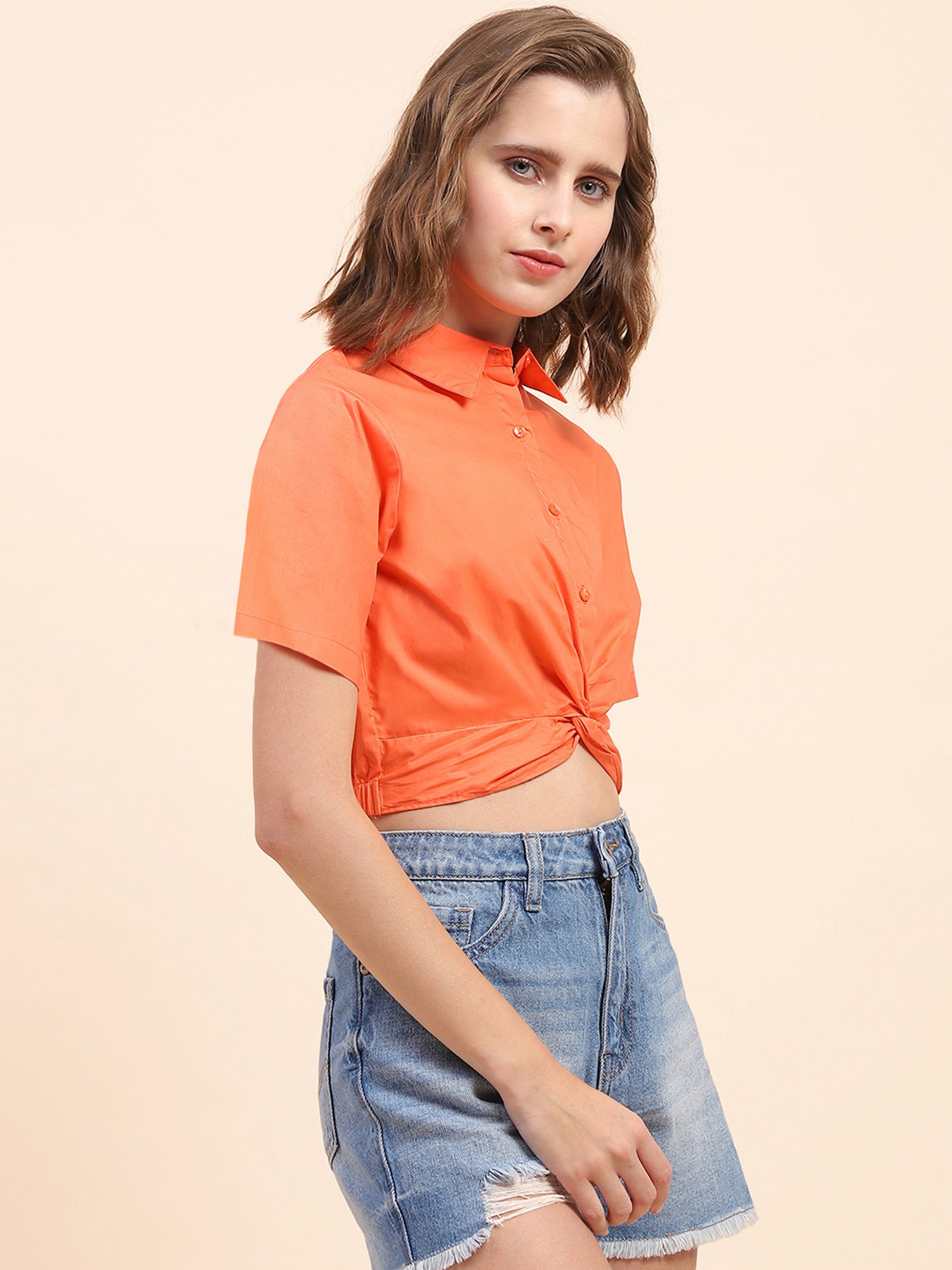 Camla Orange Regular Fit Crop Shirt