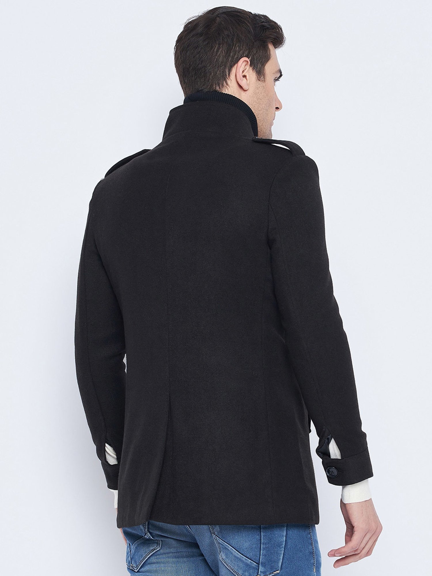 Camla Black Regular Fit Mock Collar Overcoat