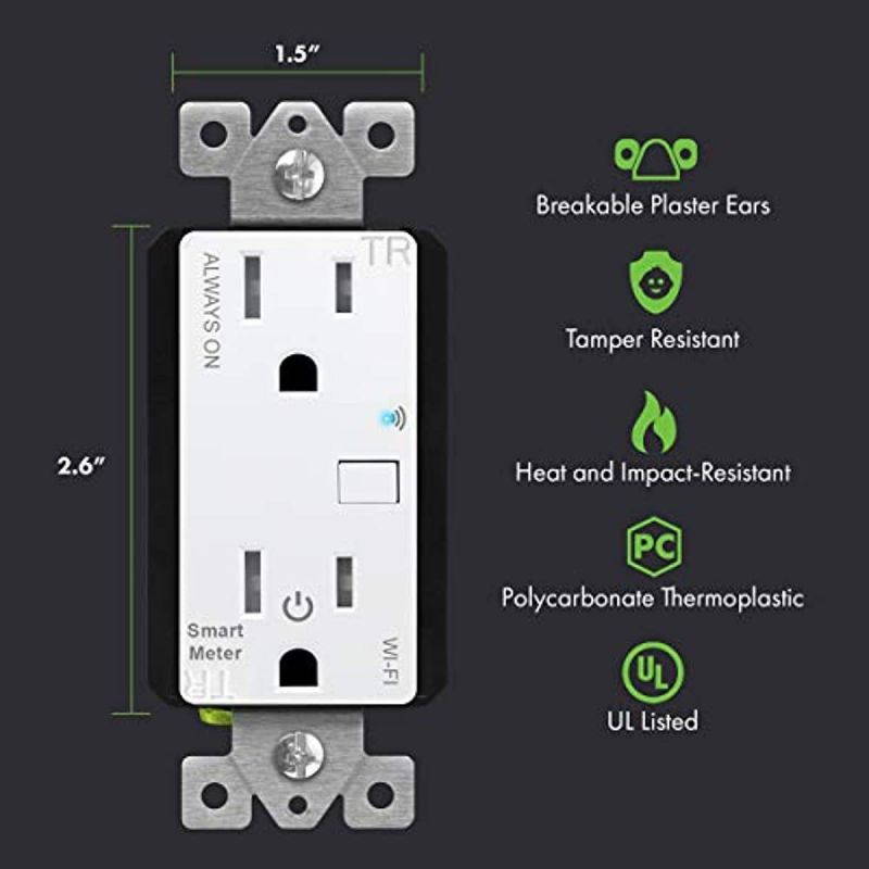TOPGREENER Smart Wi-Fi Outlet with Energy Monitoring, Tamper-Resistant, Control Lighting and Appliances from Anywhere, in-Wall, No Hub Required, Compatible with Alexa and Google Assistant, 4 Pack