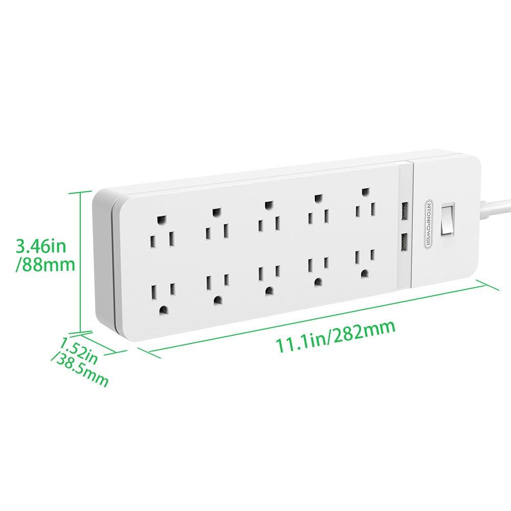 Surge Protector Power Strip - NTONPOWER 10 Outlets Power Strip with 2 USB Ports, Power Strip Flat Plug, 5ft Heavy-Duty Extension Cord, 15A Circuit Breaker, Wall Mount, for Home and Office - White
