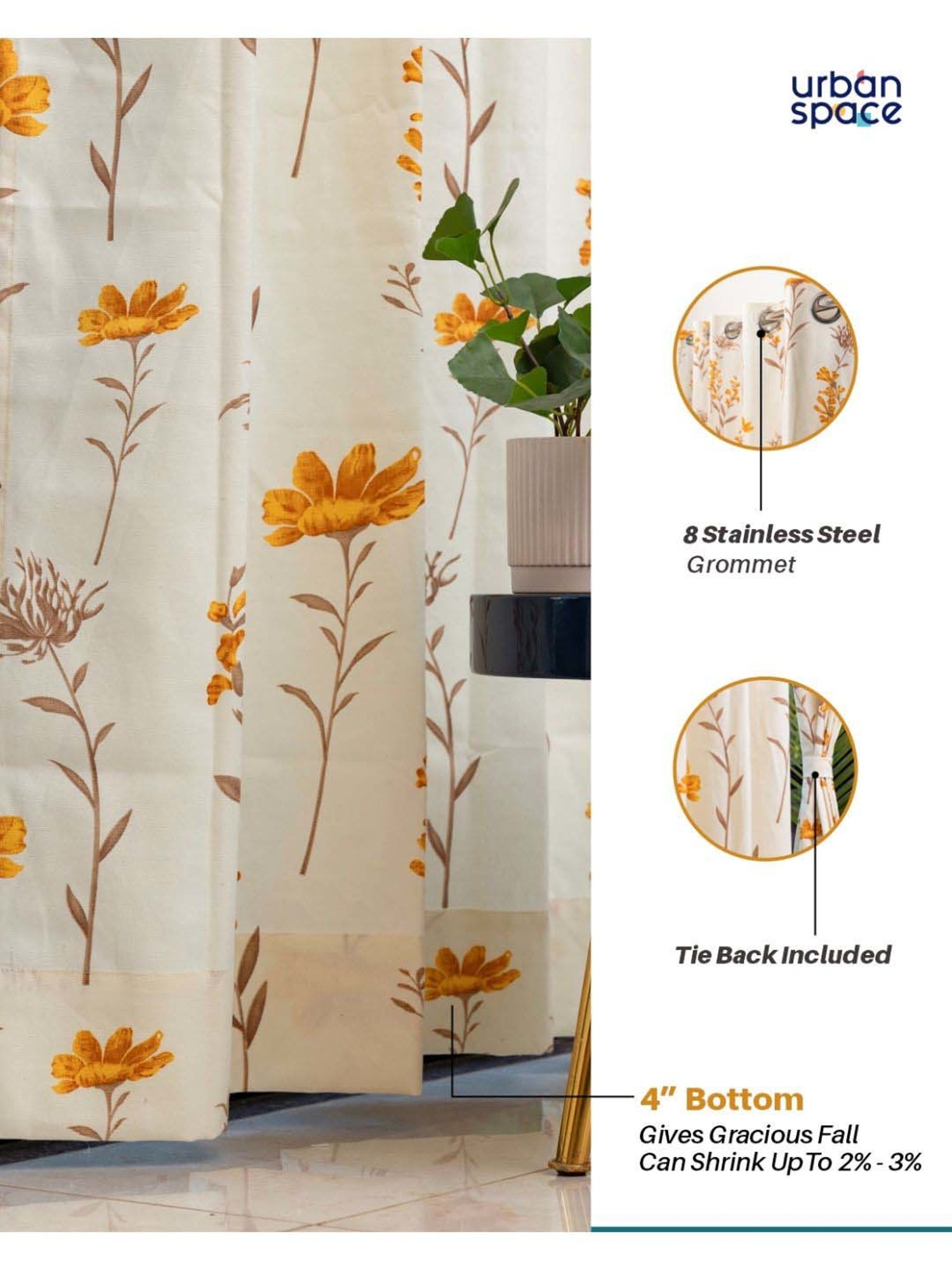 Urban Space Orchid Blooms Yellow Cotton Floral Printed Window Curtain - Set of 2