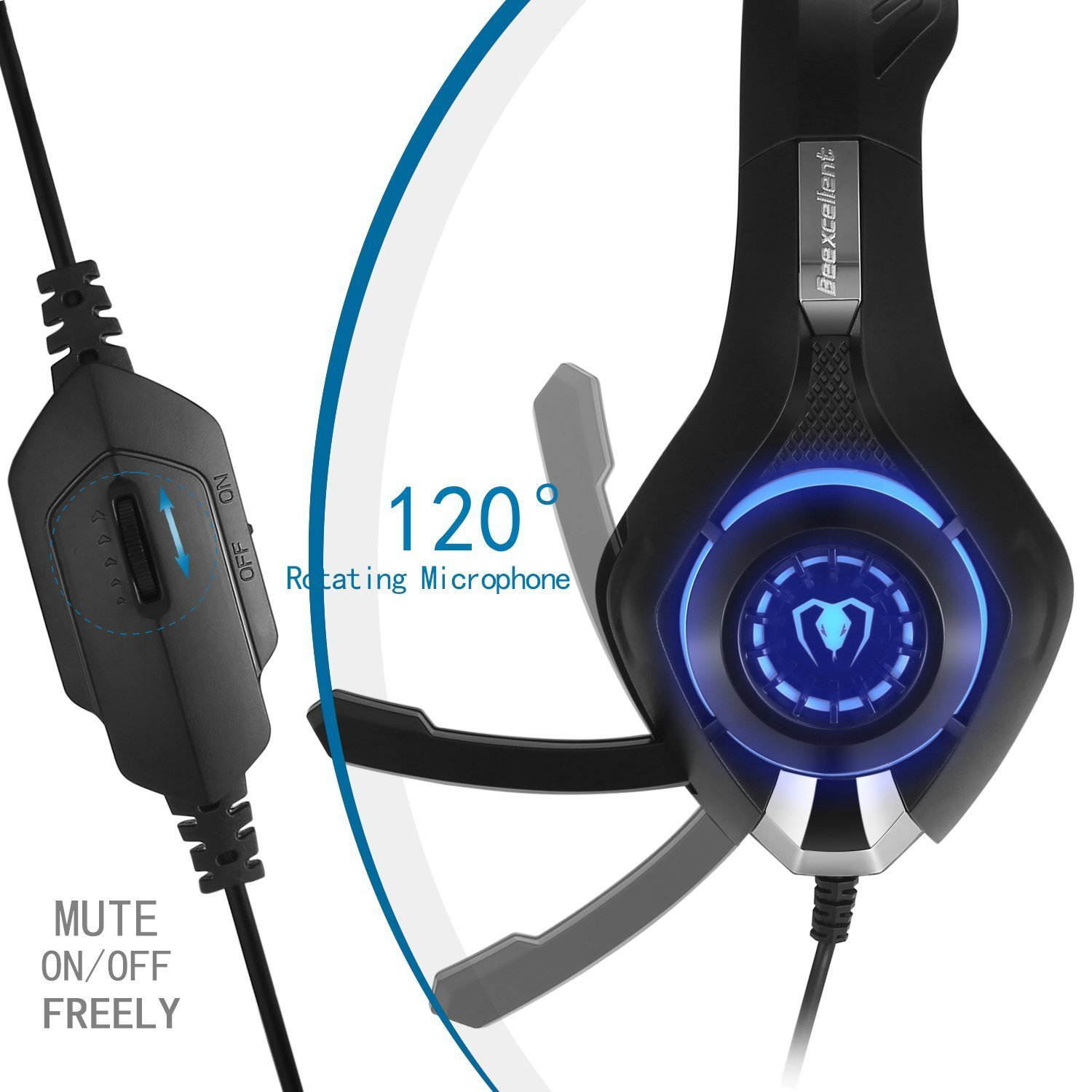Beexcellent Gaming Headset, Bass Enhanced Headphone for Playstation PS4 PSP Xbox One Tablet iOS iPad Smartphone Free Adapter Cable for PC with Mic Noise Cancelling Black+Blue