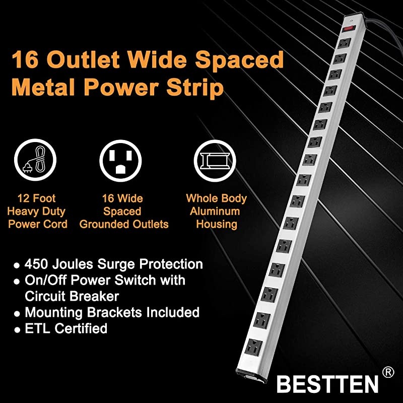 WideSpaced 16Outlet Metal Surge Protector Power Strip with 12ft Long Extension Cord 450 Joules 15A Switch with Circuit Breaker Silver
