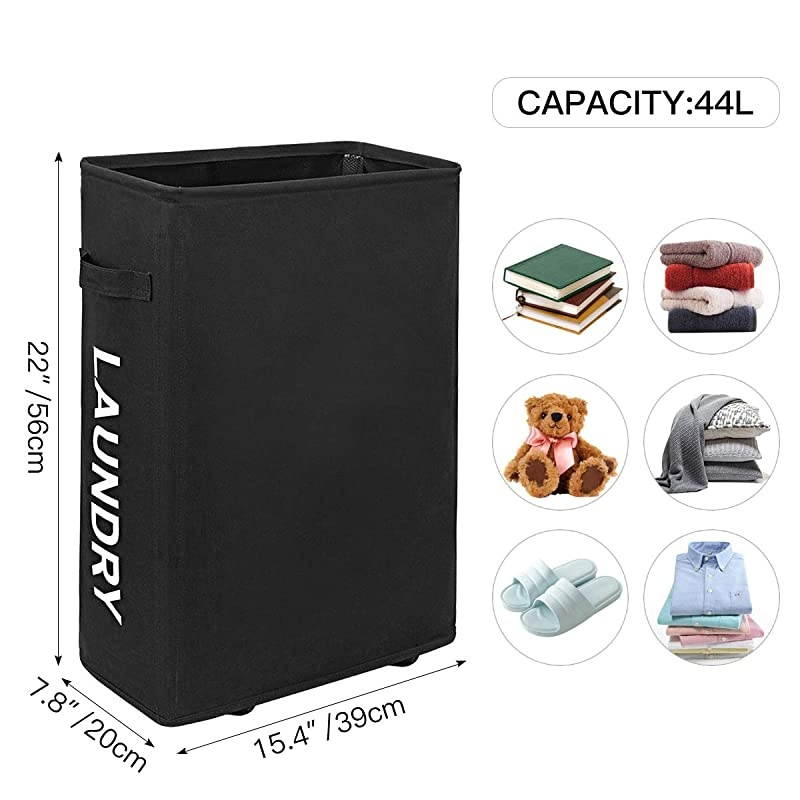 Laundry Hamper With Wheels Slim Laundry Basket Foldable Dirty Clothes Basket Portable Rolling Laundry Organizer for Corner Narrow (22 inches, Black)