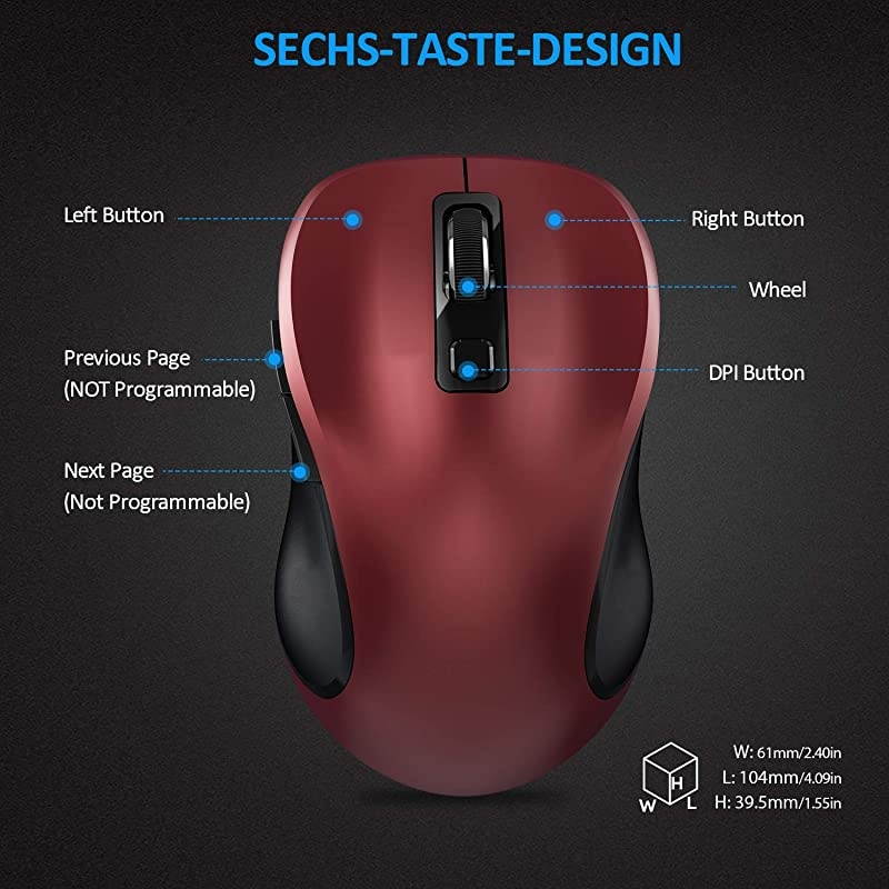 Wireless Mouse  24G Portable Computer Mouse Optical USB Mouse Cordless Mouse Ergonomic Mouse with USB Receiver 6 Buttons 3Level DPI Laptop Mouse for Windows MacOS PC Laptop Red