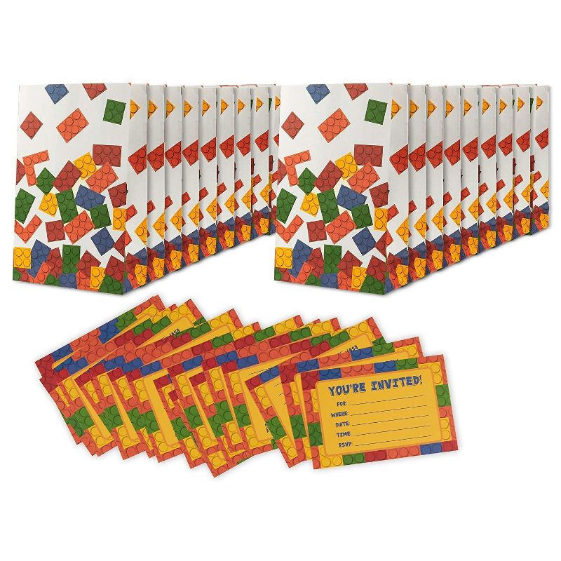 Juvale 16-Pack Building Blocks Birthday Party Invitation Cards & Treat Favor Bags Gift Bags 6 x 9.5 In