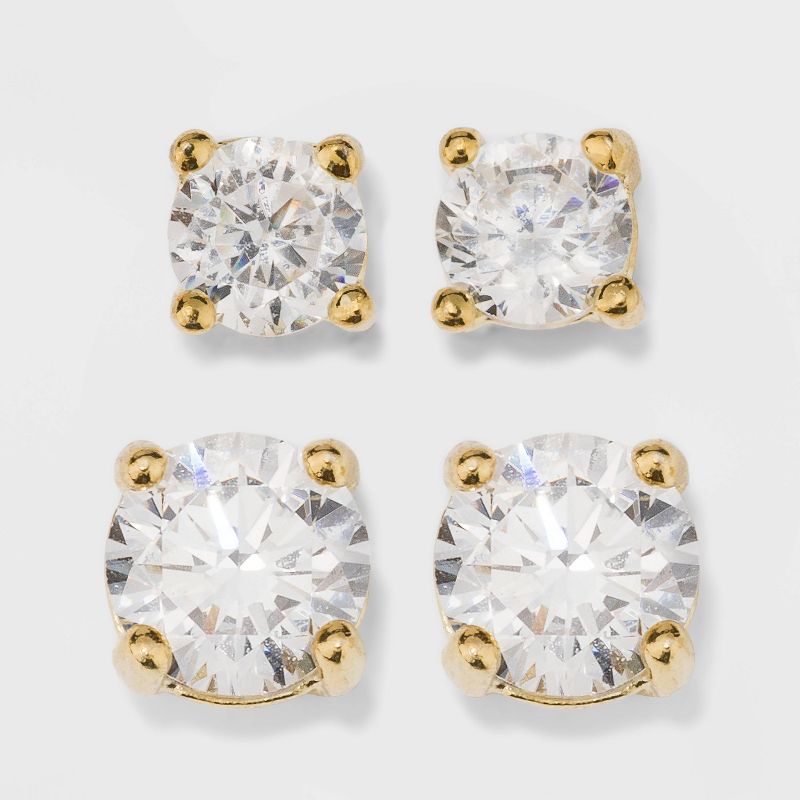 Gold Over Sterling Silver Round Cubic Zirconia Stud Fine Jewelry Earring Set 2pc - A New Day™ Gold/Clear