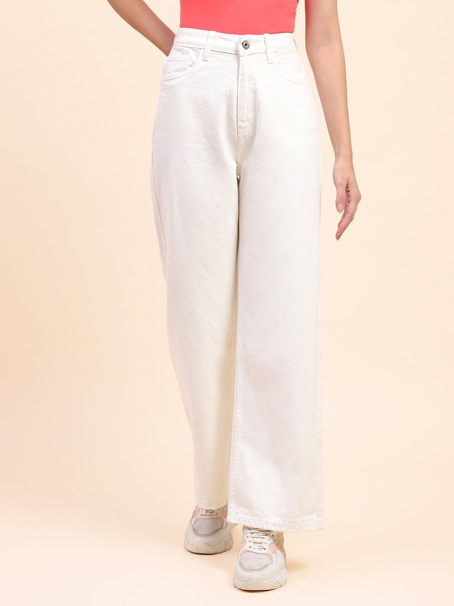 Camla White Cotton Regular Fit Mid Rise Jeans