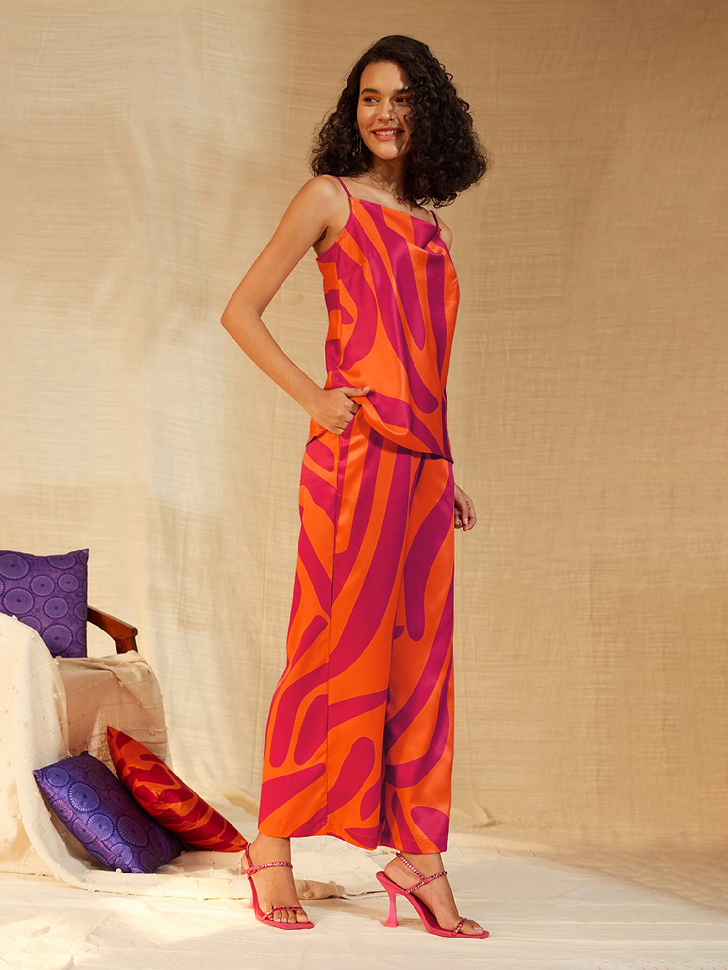 Pink Fort Orange & Pink Printed Top With Trousers