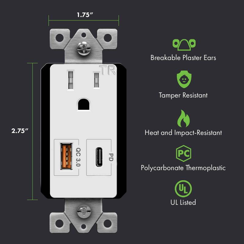 TOPGREENER USB Outlet with 18W Type-C Power Delivery Port and Quick Charge 3.0 USB Port, 15A TR Outlet, for iPhone SE/11/XS/XR/X, iPad, Google Pixel, Samsung Galaxy, More, TU115QC3PD, 2-Pack