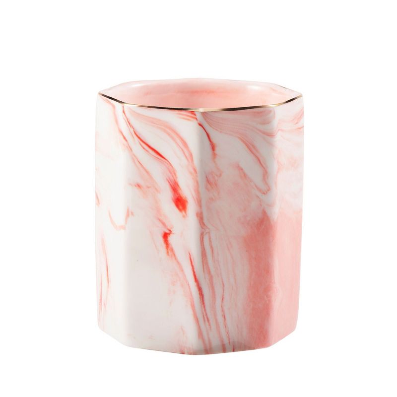 Zodaca Marble Pen Holder, Durable Ceramic Pencil Cup Desk & Makeup Brushes Organizer with Gold Trim Accent, Rose Pink