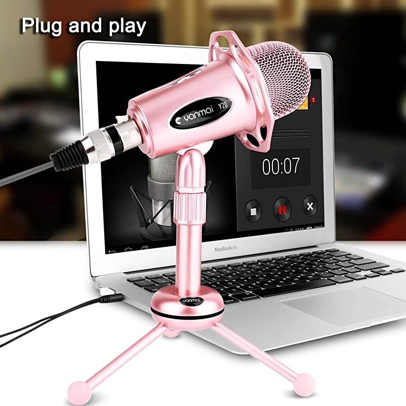 Professional Condenser Microphone  Plug Play Microphone with Tripod for PC Computer Phone for Games Podcast Broadcasting Rose Gold
