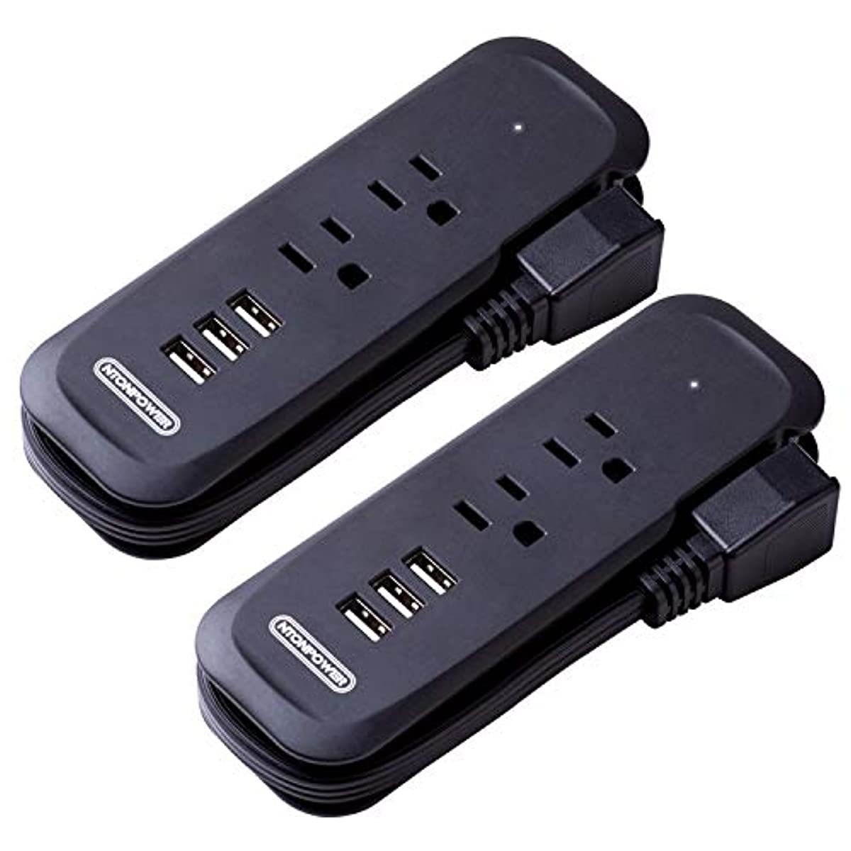 Power Strip with USB 2 Pack - NTONPOWER Travel Power Strip, 2 Outlets and 3 USB Portable Desktop Charging Station, 15 inches Wrapped Short Extension Cord, Compact for Cruise Ship, Nightstand and Hotel