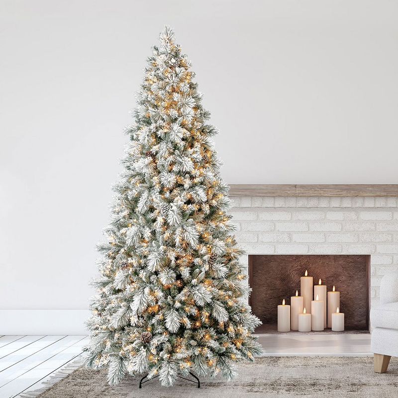 Home Heritage 9 Foot Snowdrift Snow Flocked Quick Set Pine Prelit Artificial Christmas Tree w/ Clear White Lights, Pinecones, Berries, and Metal Stand