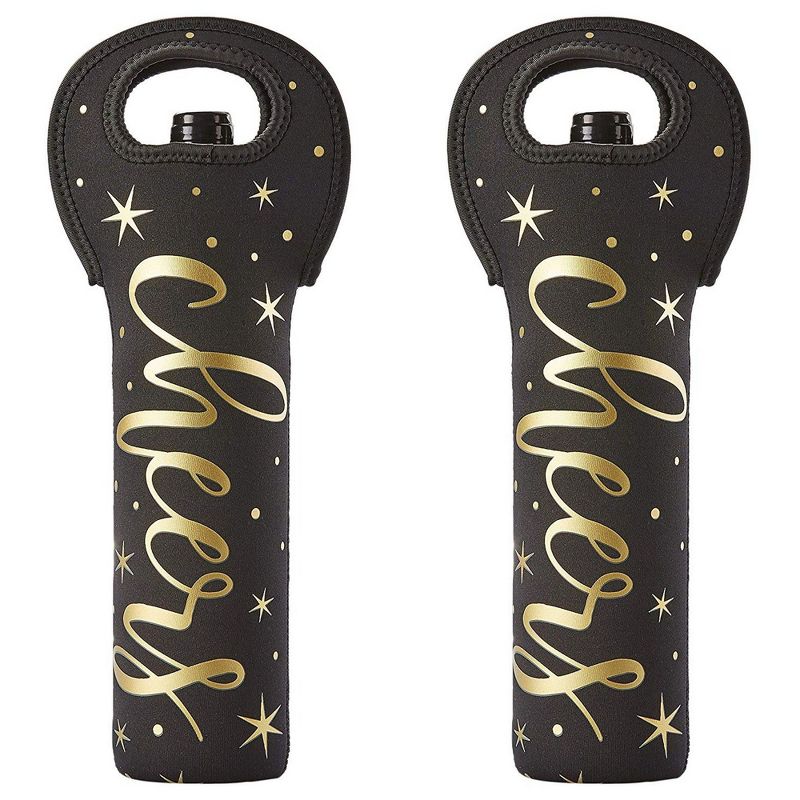 Juvale 2-Pack Wine Carrier Bag, Insulated Neoprene Tote with Handles for Travel, Holds Standard Size Bottle of Wine, Cheers Gold Foil