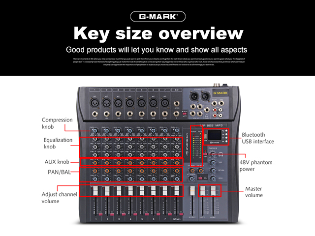 G-MARK MR80S audio mixer music studio mixing console Analog mixer 7 mono 1 stereo USB MP3 Bluetooth 48V power DJ party Church