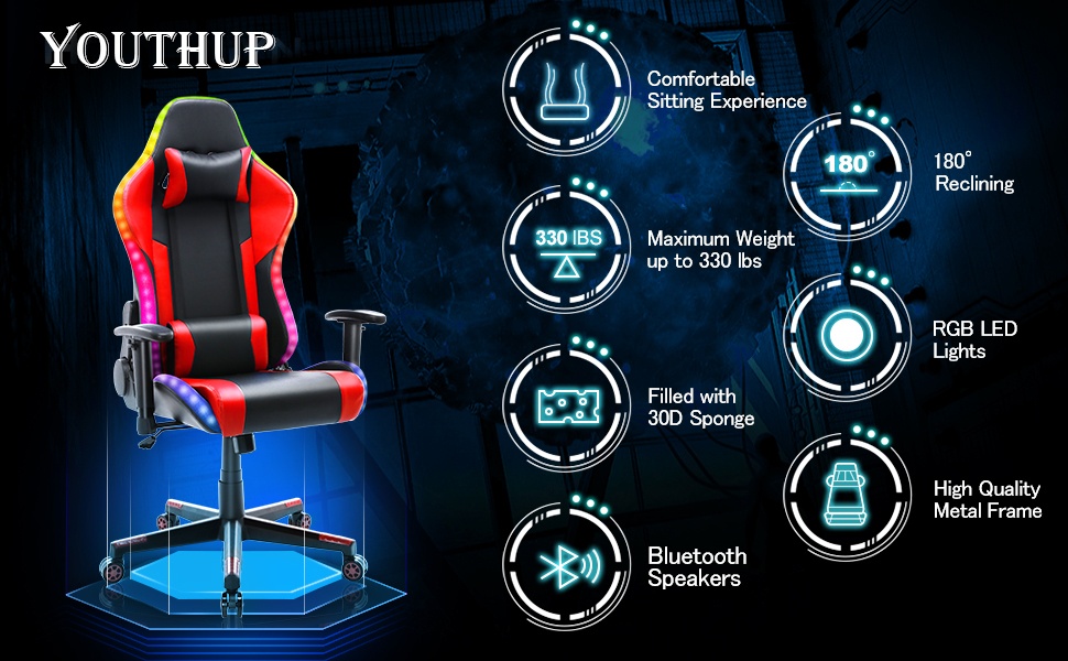 YOUTHUP Gaming Chair with RGB LED Lights, Racing Style Recliner Swivel Video Computer Chair with Bluetooth Speakers, Adjustable Ergonomic High Back, PU Leather with Headrest and Lumbar Support, Pink