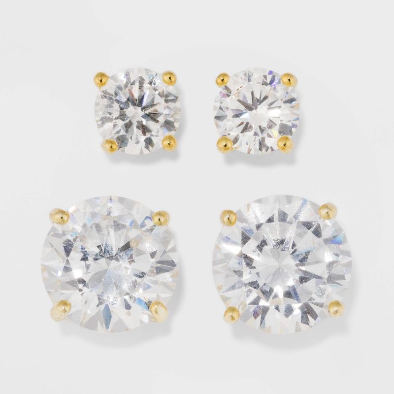 Gold Over Sterling Silver Round Cubic Zirconia Stud Fine Jewelry Earring Set 2pc - A New Day™ Gold/Clear