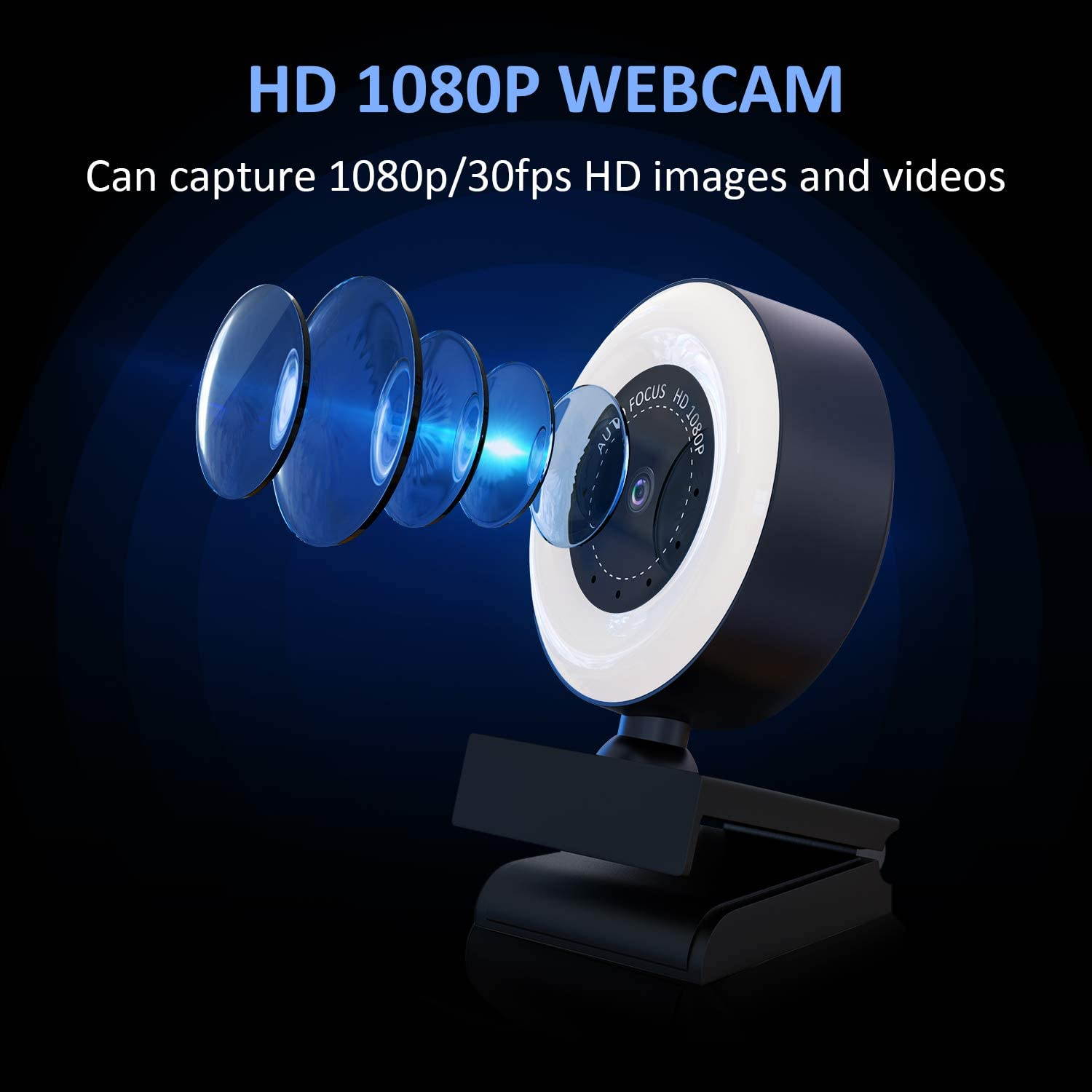 PTN HD Webcam 1080P with Adjustable Brightness Ring Light, USB PC Video Cam with Built-in Microphone, Advanced Autofocus Web Camera with Dual Microphone for Mac Windows Laptop Xbox Skype OBS
