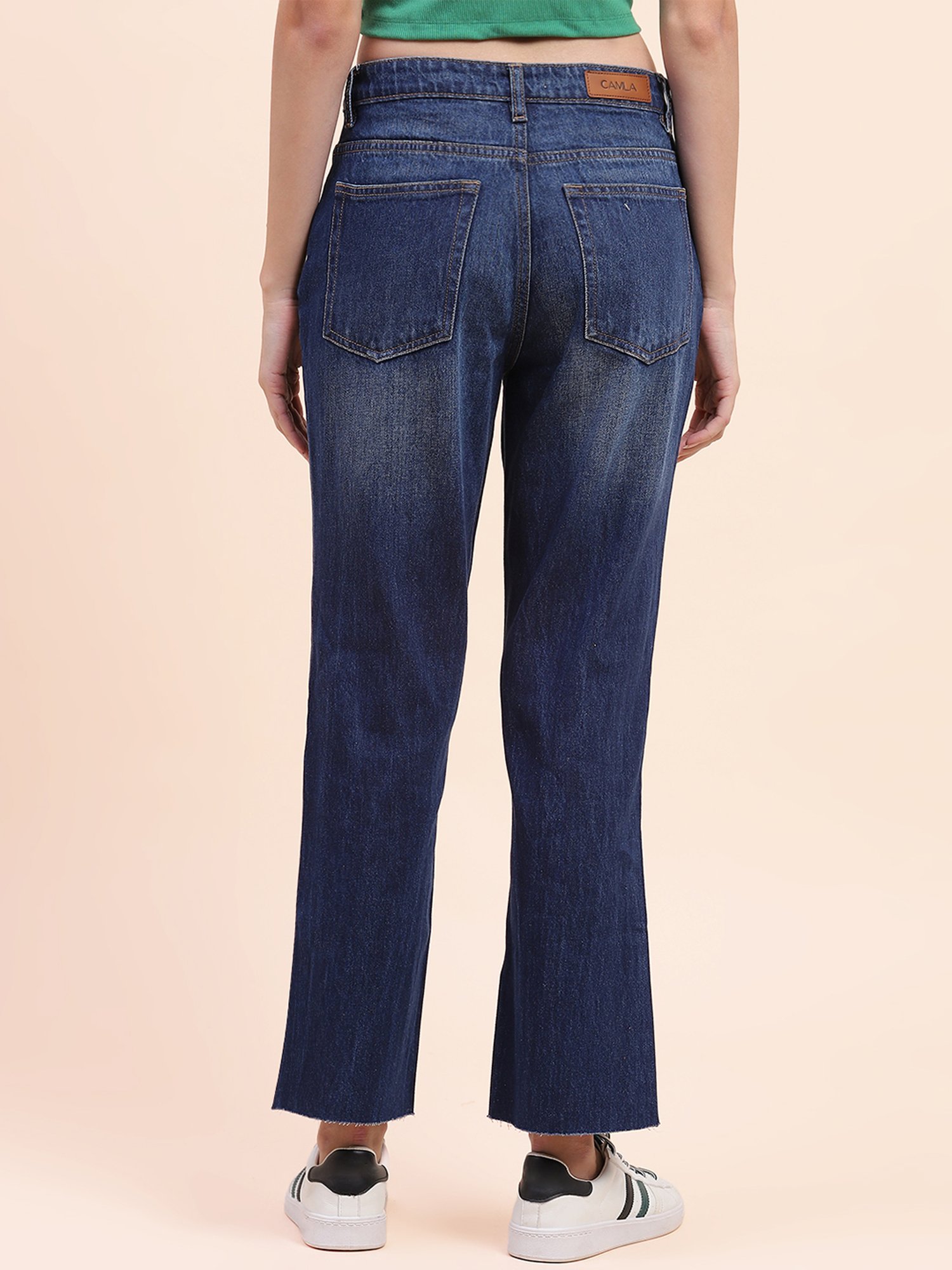 Camla Dark Blue Cotton Distressed Regular Fit Mid Rise Jeans