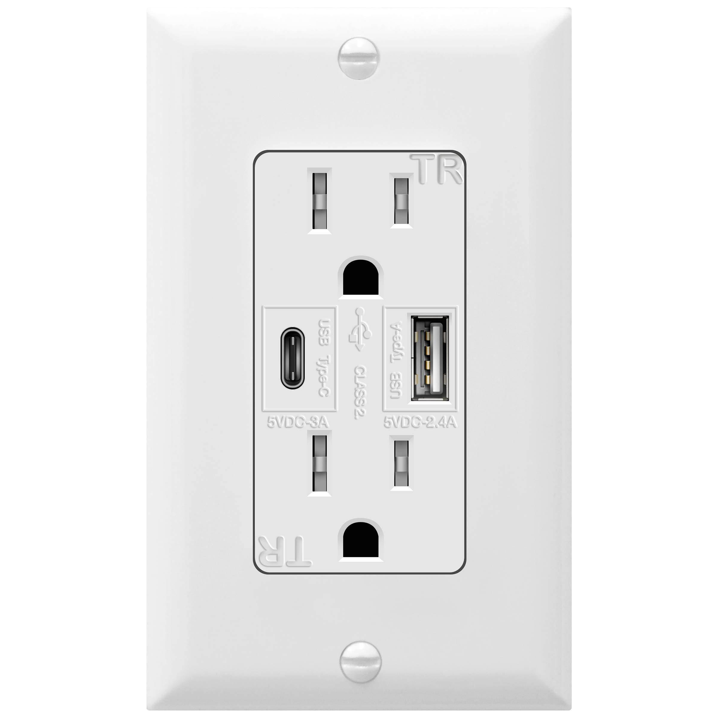 TOPGREENER TU21558AC 5.8A Ultra-High-Speed USB Type C/A Wall Outlet Charger, 15A TR Receptacle, Compatible with iPhone SE/11/XS/XR/X, Samsung Galaxy S20/S10/S9, LG, HTC & More, White