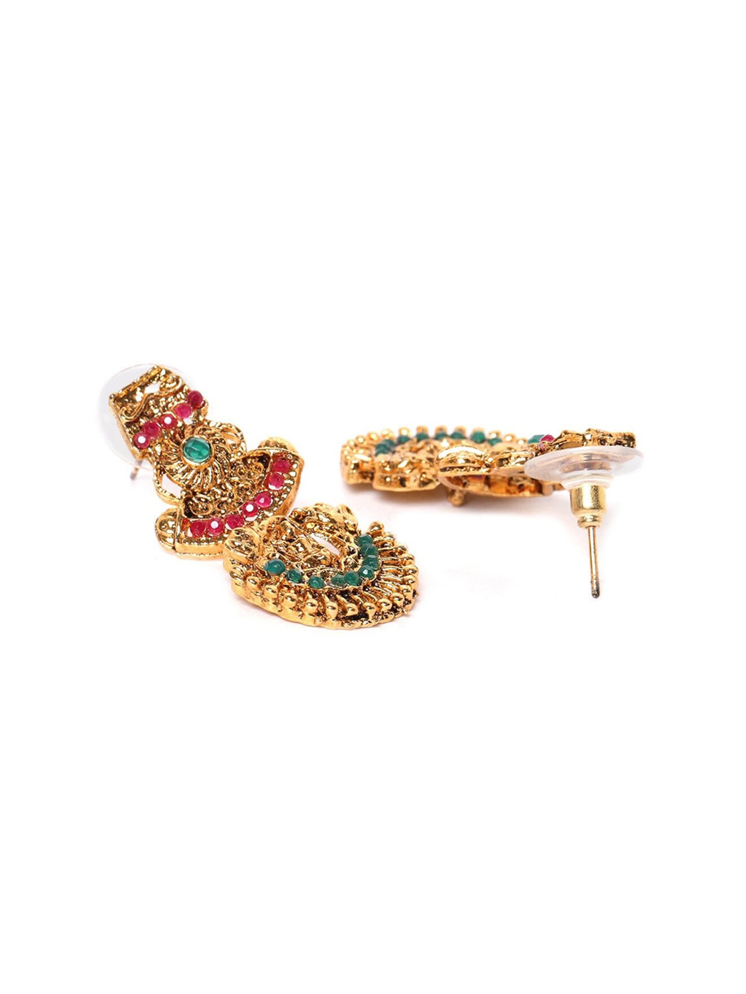 Zaveri Pearls Green & Pink Stones South Indian Style Temple Long Necklace & Earring Set-ZPFK9640