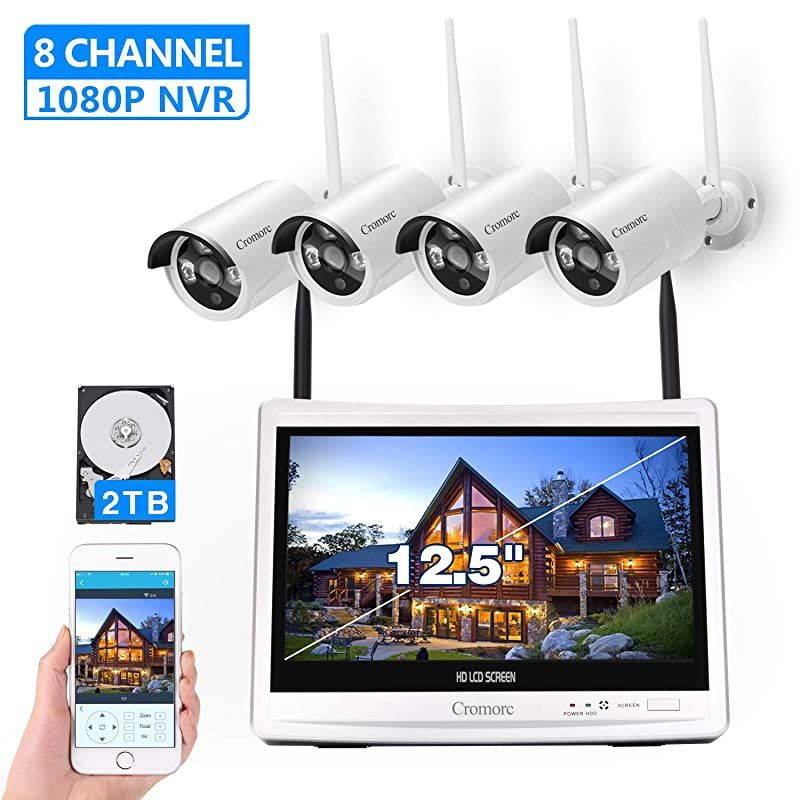 8CH,Expandable] All in one with 12.5" Monitor Wireless Security Camera System,  Home Business CCTV Surveillance 1080P NVR, 4pcs 2.0MP Outdoor Indoor Night Vision One-Way Audio Camera,2TB HDD