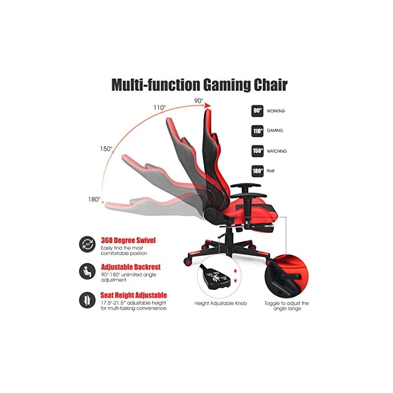 Massage Gaming Chair, Adjustable High Back with Health Massager Lumbar Support, Thick Memory Sponge with 360 Degree Revolving Chair Seat, Retractable Foot Shelf (Red)