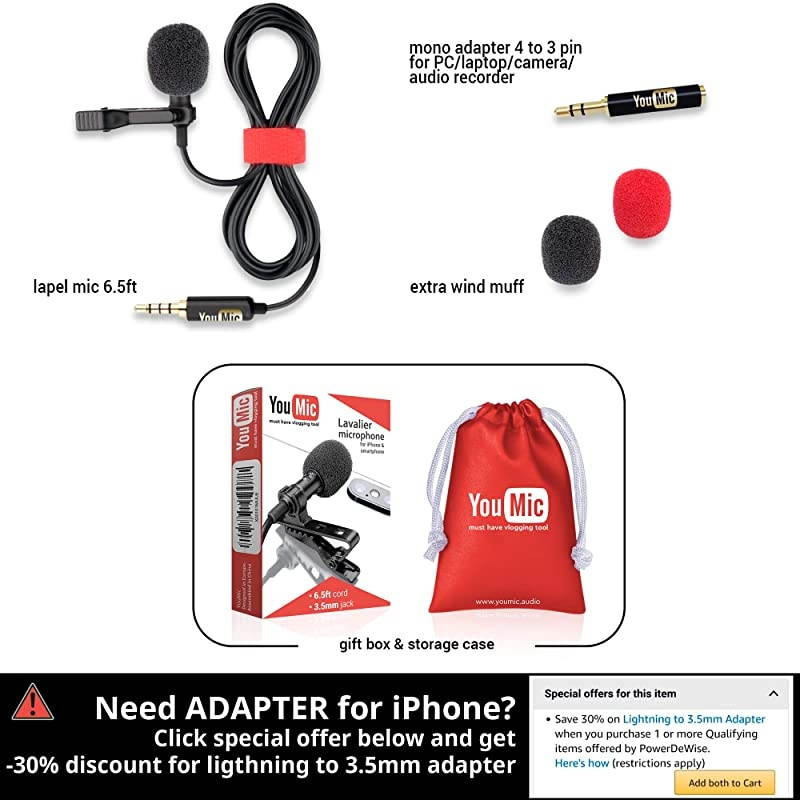 Lavalier Lapel Microphone for iPhone X 8 7 Plus 6 6s 5 5s iOSAndroid | Mini Lav Mic with Clip on