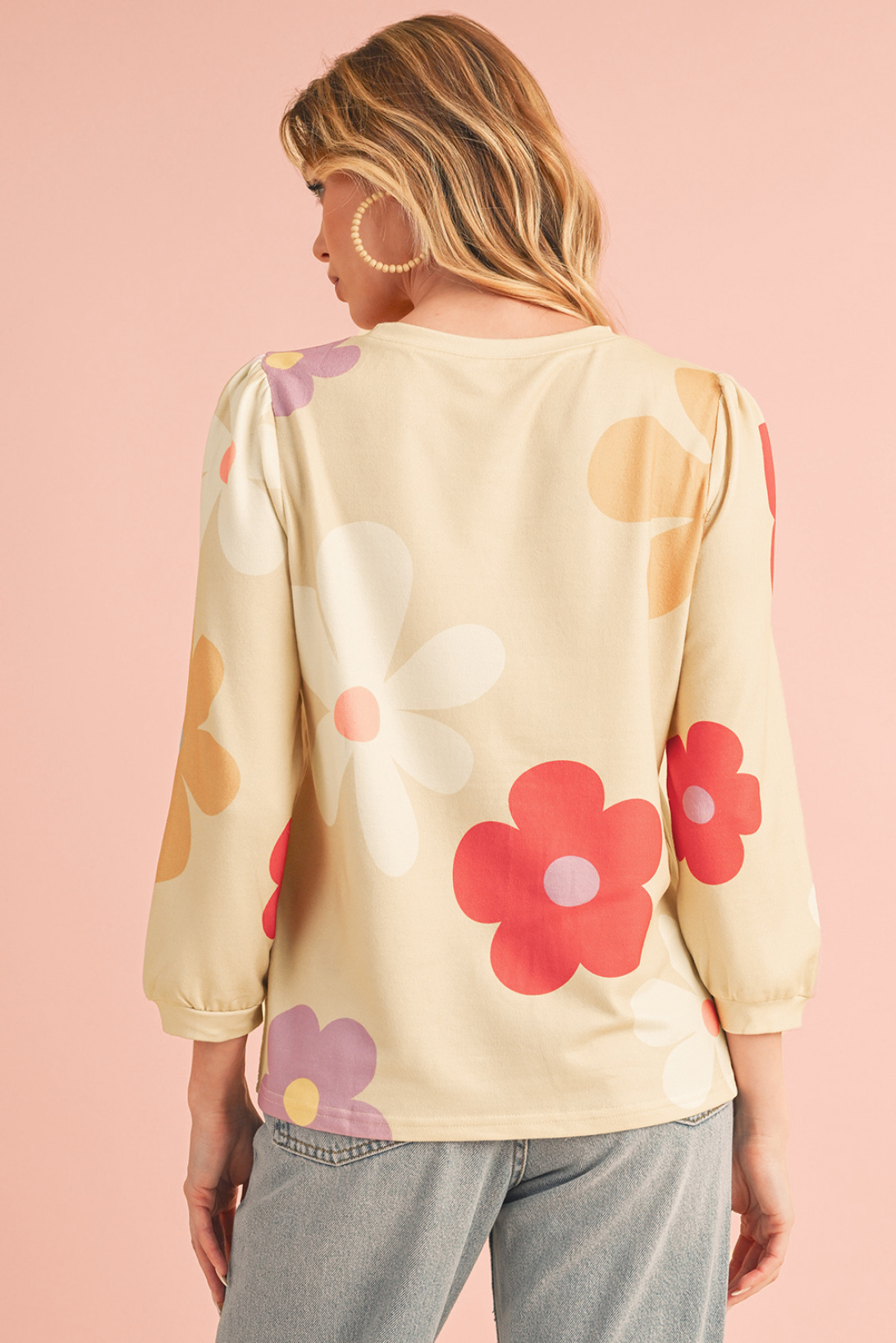 Apricot 60s Flower Print Ruched Bracelet Sleeve Top