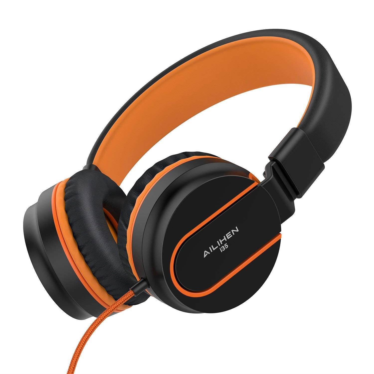 Ailihen I35 Stereo Lightweight Foldable Headphones Adjustable Headband Headsets with Microphone 3.5mm for Cellphones Smartphones iPhone Laptop Computer Mp3/4 Earphones (Black/Orange)